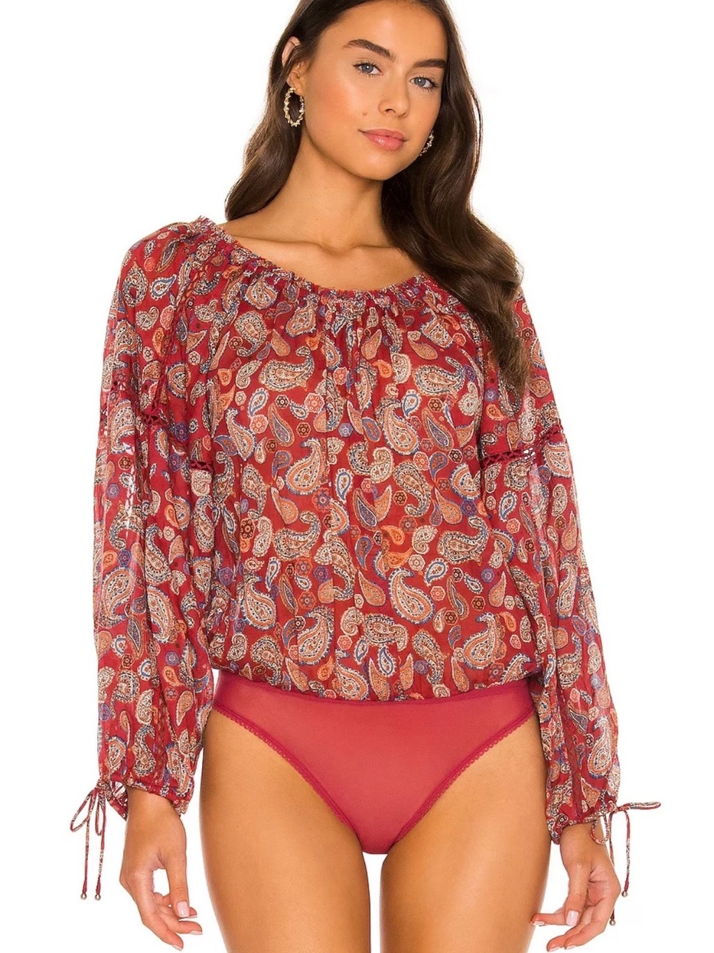 Intimately FREE PEOPLE‎ Red Paisley Print Bodysuit Sheer Sleeve Blouse Small